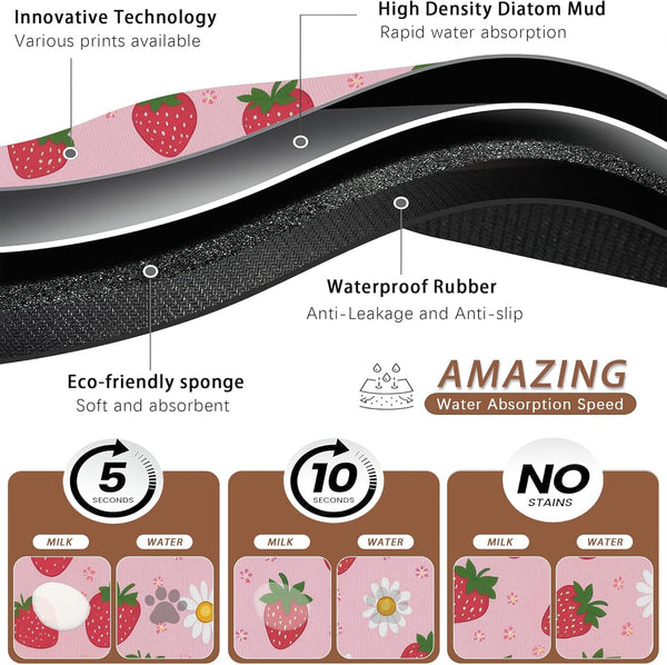 Cute Strawberry Flower Dog Cat Food Mat,Pink Absorbent Pet Feeding Mat with Rubber Backing,Non-Slip Water Bowl Placemat,Indoor Pet Accessories Supplies 12"X20"3