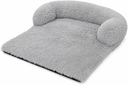 Calming Dog Bed Sofa, Light Gray, Long Plush, Raised Bolster with Upgraded Headrest, Non-Slip Bottom, Orthopedic Pet Lounger1