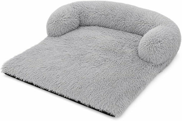 Calming Dog Bed Sofa, Light Gray, Long Plush, Raised Bolster with Upgraded Headrest, Non-Slip Bottom, Orthopedic Pet Lounger1