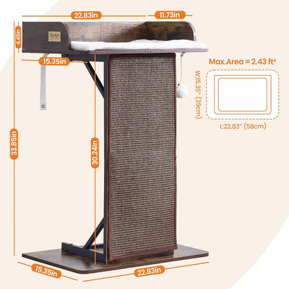Modern Wood Cat Tree Tower for Indoor Large Adult Cats with Big Perch Bed | 33.8In Tall Wooden Cat Trees with Platform, Cat Scratching Pads, Washable Cushions, Cat Furniture for Window, Rustic Brown9