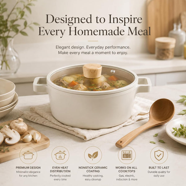 FIKA 5-Piece Ceramic Coated Nonstick Pots and Pans Set with Glass Lids, 18Cm Saucepan, 24Cm Frying Pan and Stockpot, Natural Wood Accents, Induction Compatible Cookware, Made in Korea5