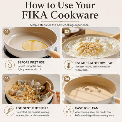 FIKA 5-Piece Ceramic Coated Nonstick Pots and Pans Set with Glass Lids, 18Cm Saucepan, 24Cm Frying Pan and Stockpot, Natural Wood Accents, Induction Compatible Cookware, Made in Korea8