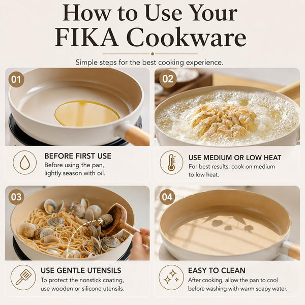 FIKA 5-Piece Ceramic Coated Nonstick Pots and Pans Set with Glass Lids, 18Cm Saucepan, 24Cm Frying Pan and Stockpot, Natural Wood Accents, Induction Compatible Cookware, Made in Korea8