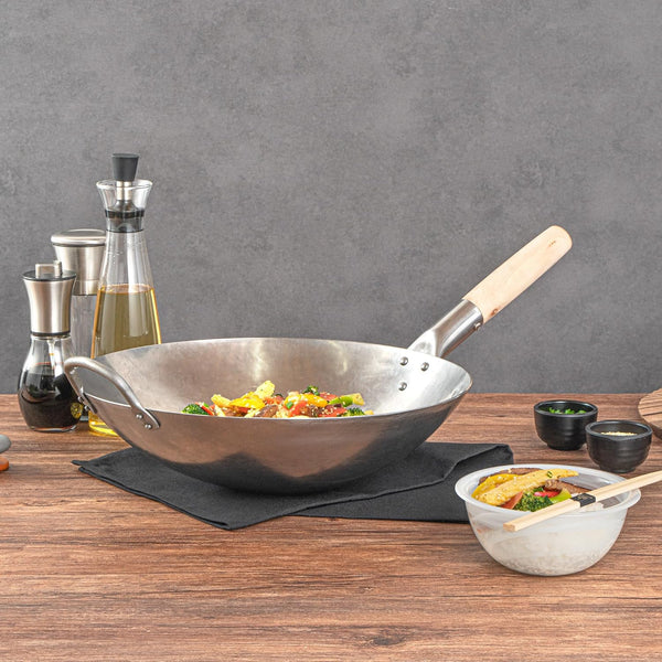 Carbon Steel Wok 1 Pack of 14 Inch Heavy-Duty Stir Fry Pan Silver Hand Hammered Wok Efficient Maneuvering Steel Helper Handle Uniform Heat Distribution Asian Cooking6