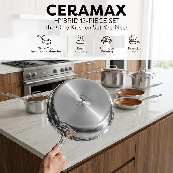CERAMAX by  12 Pc Hybrid Tri Ply Stainless Steel Cookware Set | Pots and Pans Set Non Stick Pfas-Free Non Toxic, Tri-Ply, Metal Utensil Safe, Induction, Oven & Dishwasher Safe, Copper5