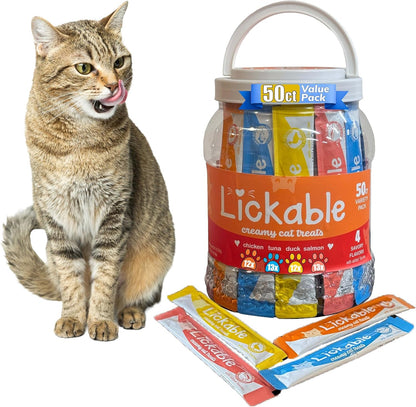 Fieldcrest Farms Lickable Cat Treats, 50 Count Variety Pack | Chicken, Tuna, Duck, Salmon, Thick & Protein-Rich Squeeze Tubes, with Taurine, Grain Free, 6 Calories per Tube1
