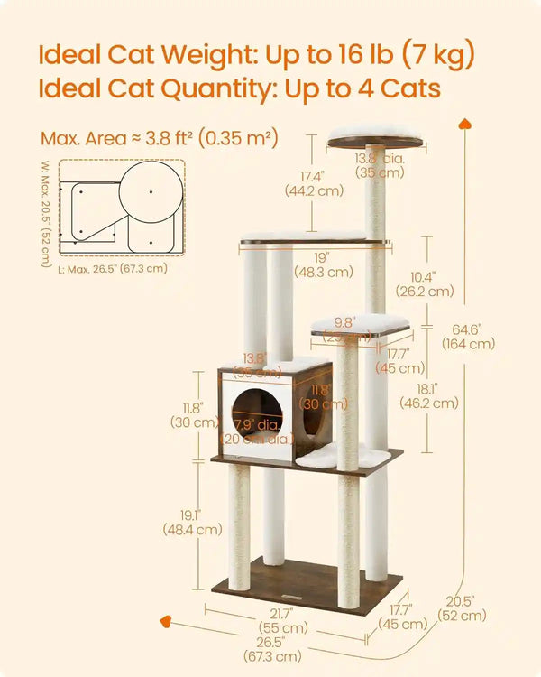 Feandrea Cat Tree, 64.6-Inch Modern Cat Tower, Multi-Level Condo with 5 Scratching Posts, Perch, Washable Removable Cushions, Cave, Rustic Brown UPCT166X015