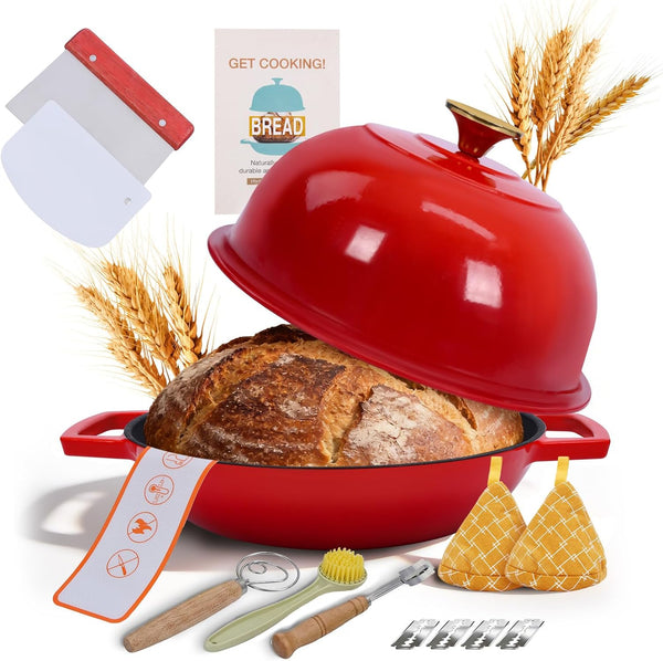 Cast Iron Bread Oven, Enameled Dutch Oven for Baking Sourdough Bread with Dome Lid & Complete Accessory Kit for Bread, 5QT (Red)1