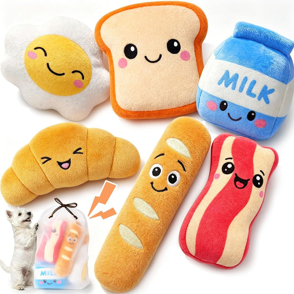 KIPRITII Dog Squeaky Toys for Small Dogs, Breakfast-Themed Puppy Toys to Keep Them Busy, Plush Toys with Squeaker for Interactive Play, Includes Storage Bag1