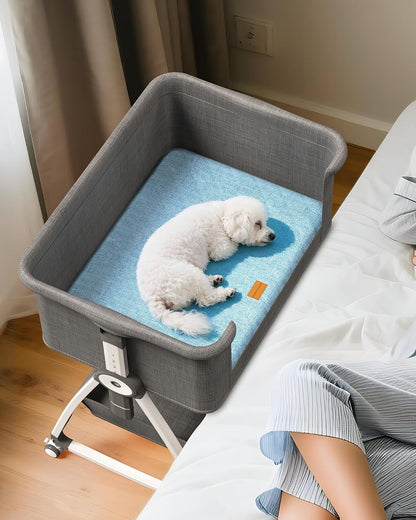 Bedside Dog Bed,6-Height Adjustable Pet Bassinet for Medium & Large Dogs | Pet Couch with Sides,Elevated Bed Extension for Humans,Removable & Washable Cover,Dog Couch with Wheels, 30"X21"1
