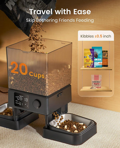 Oneisall Automatic Cat Feeder for 2 Cats Pets, Timed Cat Food Dispenser | 20 Cups/5L, Prevent Fighting, Precise Portion, Balanced Dispense, Non-Slip & Stable, Voice Recorder, Stainless Steel Bowls4