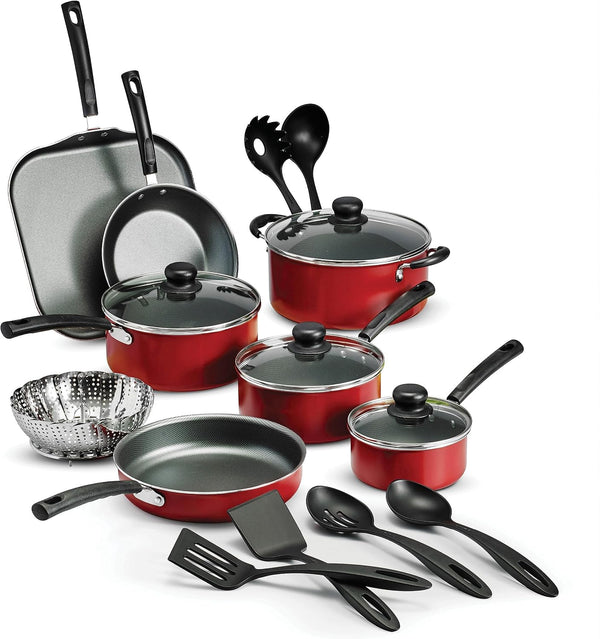 18 Piece Nonstick Cookware Set - Red - Aluminum Construction, Dishwasher Safe, Compatible with Gas, Electric, Ceramic Cooktops - Includes Sauté Pans, Griddle, Dutch Oven, Cooking Utensils1