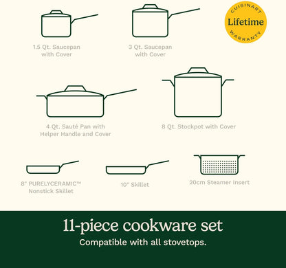 Cookware Set, 11 Piece Stainless Steel Cookware Pots and Pans, Home and Kitchen Durable Stainless Steel for Everyday Cooking, Matte Thyme, MT89G-119