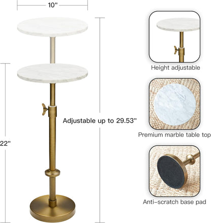 Adjustable 10" White Marble Drink Table with 2 Coasters, Antique Brass⁠ | Adjustable 10" round Martini End Table & Pedestal Side Table. White Marble and Antique Brass Finish.⁠3