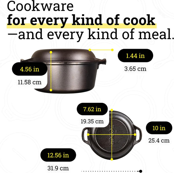Cast Iron Double Dutch Oven, 2-In-1 Pot and Skillet Combo, 5 Quart | Pfas-Free & Non-Toxic Oven-Safe Cast Iron Dutch Oven with Loop Handle, Even Heat Retention, Ideal for Sourdough Bread Baking6