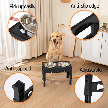 Elevated Dog Bowls with 2 Stainless Steel Bowls, 5-Height Adjustable Stand (3.1", 9" to 12"), for Improved Digestion & Neck Support, Easy Clean, Non-Slip Base Raised Feeder for Medium Large Dogs3