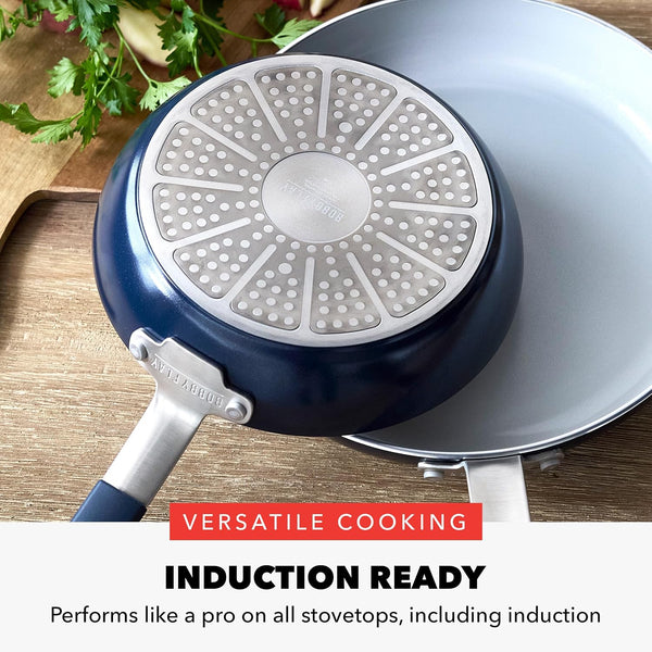 X Bobby Flay 13 Piece Nonstick Cookware Pots and Pans Set, Pfas-Free Diamond Ceramic, Induction Suitable, Easy Clean Dishwasher & Oven Safe, Stay-Cool Silicone Handles, Glass Lids, Navy Blue7