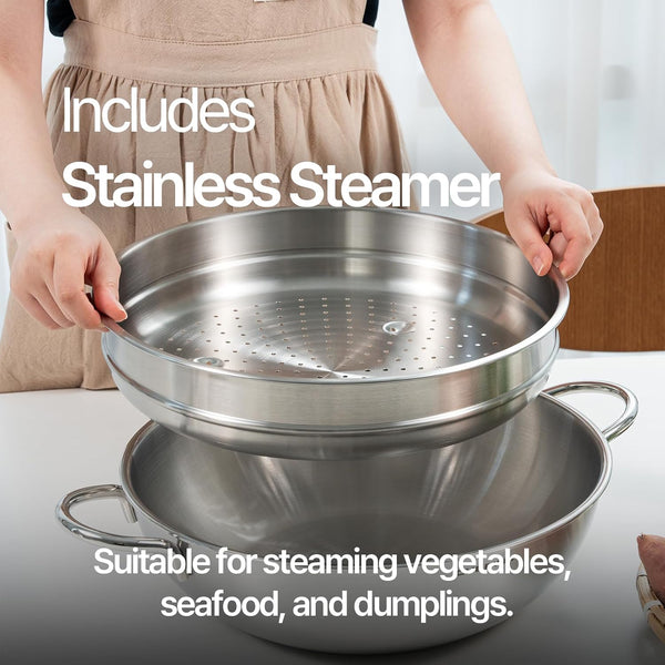 316 Stainless Steel Heavy Duty 12.6 Inch 6.3 Quart Wok Pan with Lid and Steamer, Stir Fry Pan, 5Ply, Induction Cookware, Dishwasher Safe, Oven Safe7