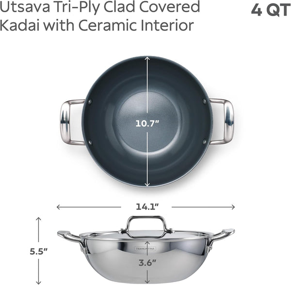 Utsava Tri-Ply Clad Stainless Steel 4-Quart Kadai with Lid | Ceramic Non Stick Interior, Induction-Ready Large Kadhai Pot for Indian Cooking5