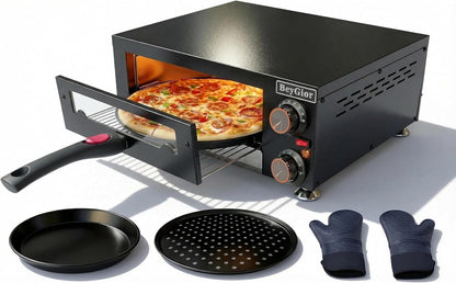 Electric Pizza Oven Indoor,12 Inch Countertop Pizza Maker with Viewing Window,Stainless Steel Commercial Pizza Oven, Removable Handle,Dual Baking Trays and Oven Mitts1