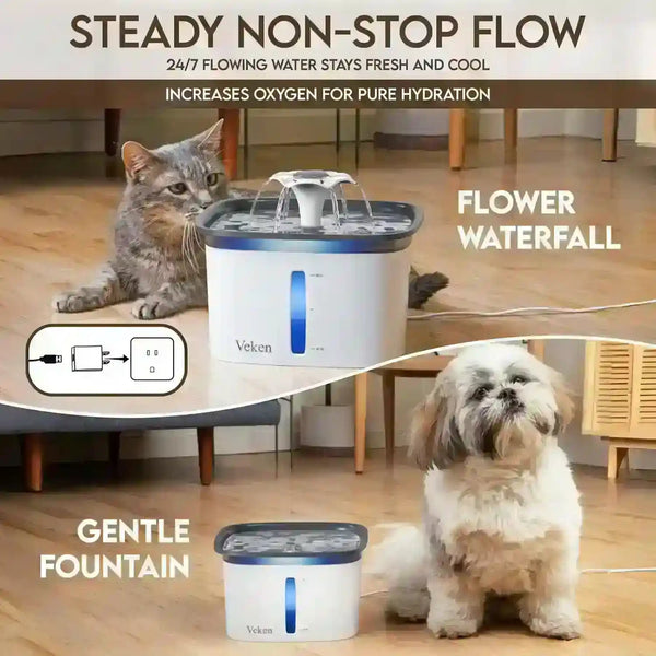 Cat and dog drinking from Veken pet water fountain with flower waterfall and gentle flow2