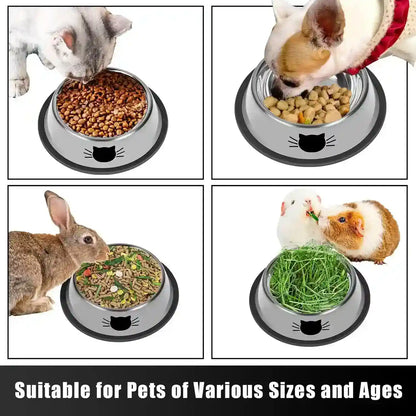 Stainless steel pet bowls with cat face design, used by cats, dogs, rabbits, and guinea pigs for food and hay5