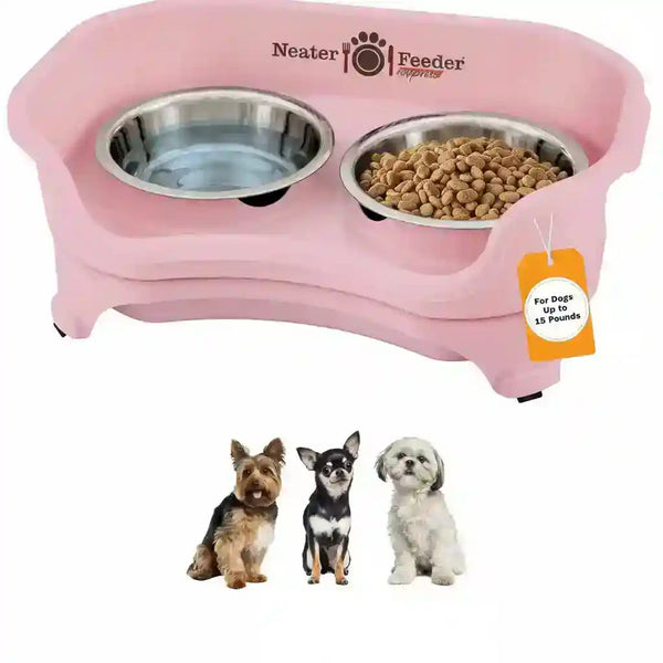 Pink elevated dog feeder with two stainless steel bowls for food and water, ideal for small dogs up to 15 lbs9