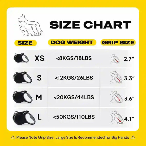 Dog leash size chart by weight and grip size for XS to L breeds, ideal for pet owners choosing the right fit.7