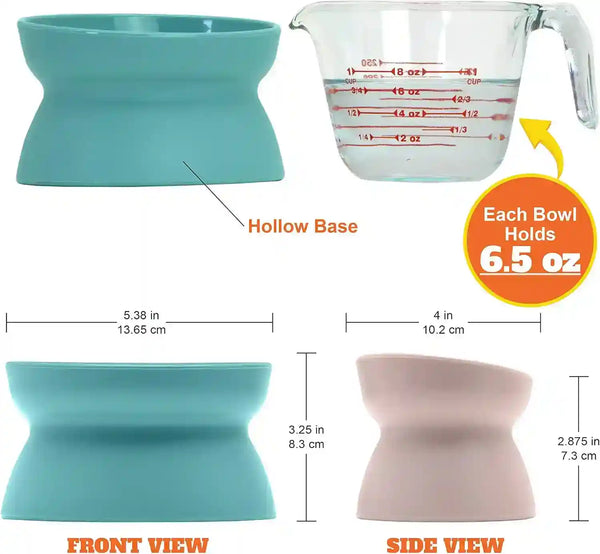 Silicone pet bowl with hollow base, 6.5 oz capacity, shown in teal and pink with size dimensions for cats and dogs.2