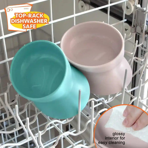 Dishwasher-safe pet bowls in teal and pink, glossy interior for easy cleaning, top-rack safe5