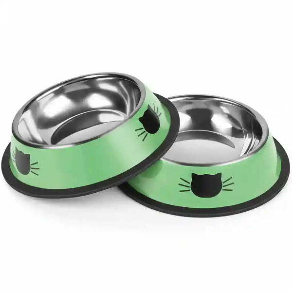 Green cat food bowls with black cat face design and stainless steel interior9