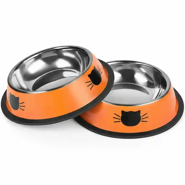 Orange cat food bowls with black cat face design, stainless steel interior, non-slip base for pets11