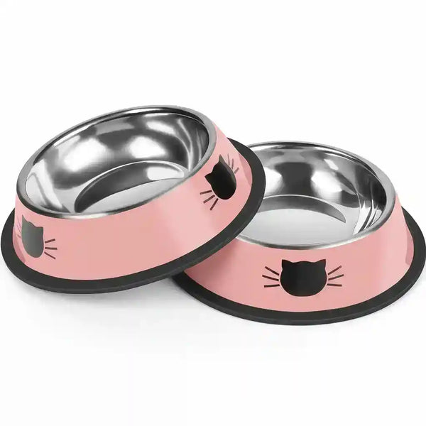 Pink cat food bowls with black cat face design, stainless steel interior, non-slip base for pets10