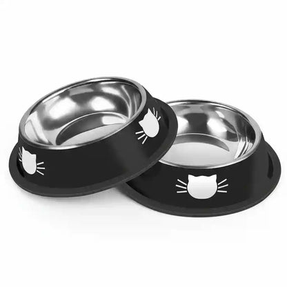 Stainless steel cat bowls with black base and white cat face design, ideal for pet feeding8