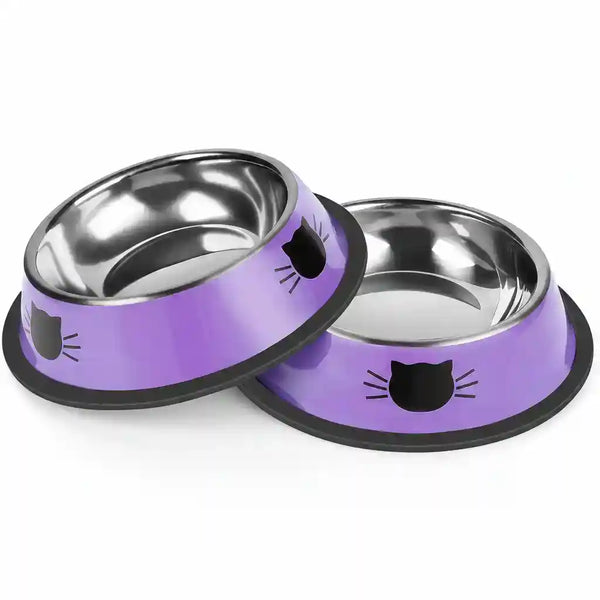 Purple cat food bowls with black cat face design, stainless steel interior, non-slip base for pets12