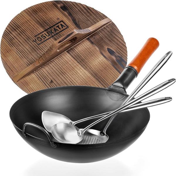 Carbon Steel Wok Pan – 13,5 “ Stir Fry Pans + 17" Wok Spatula and Ladle Skimmer Spoon + Premium Cover 13.5 Inch Lid1