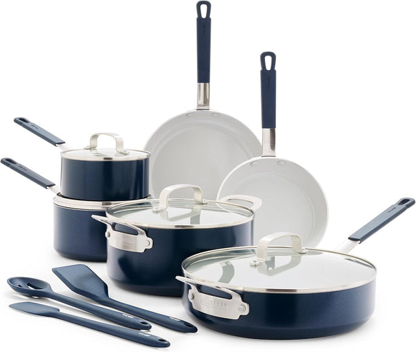 X Bobby Flay 13 Piece Nonstick Cookware Pots and Pans Set, Pfas-Free Diamond Ceramic, Induction Suitable, Easy Clean Dishwasher & Oven Safe, Stay-Cool Silicone Handles, Glass Lids, Navy Blue1