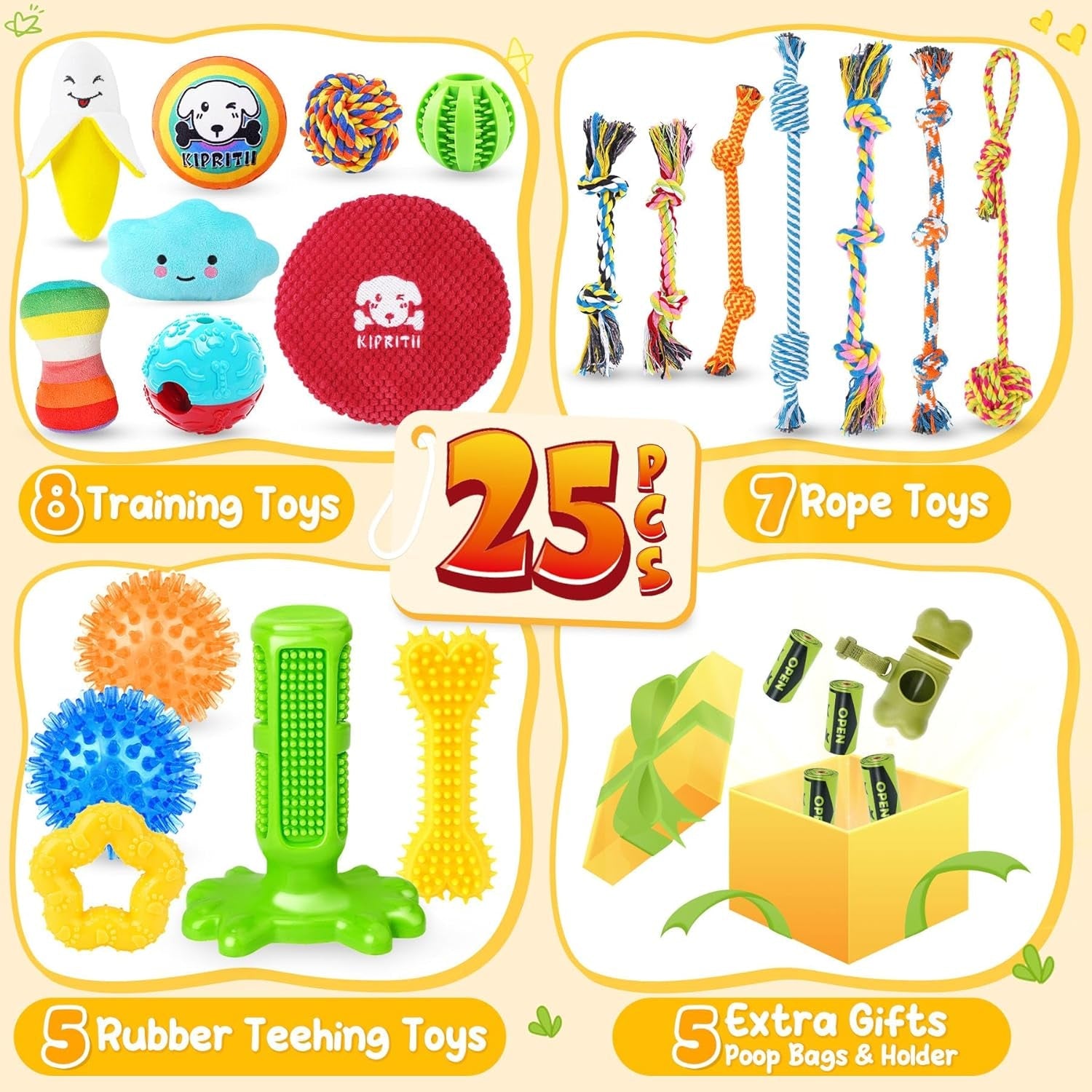 kipritii-25-pack-various-dog-toys-set-ideal-for-teething-entertainment-interactive-play-includes-puppy-toys-rope-toys-treat-balls-and-squeaky-dog-toys