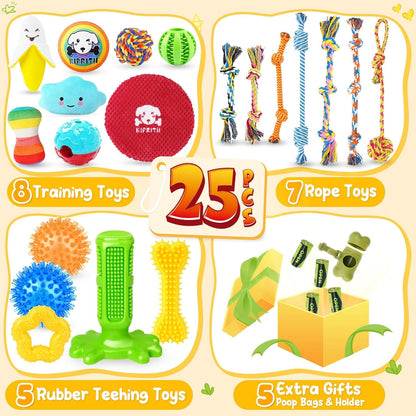 KIPRITII 25 Pack Various Dog Toys Set – Ideal for Teething, Entertainment & Interactive Play, Includes Puppy Toys, Rope Toys, Treat Balls and Squeaky Dog Toys2