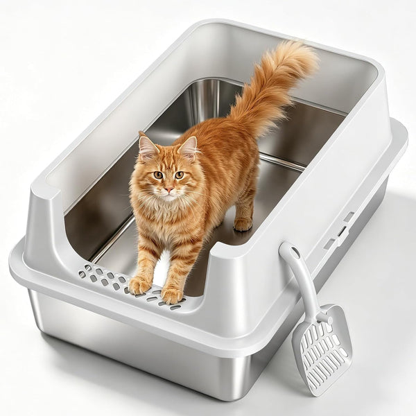 XL Enclosed Stainless Steel Litter Box with Lid, Light Gray | Covered, High Sided, Rustproof & Leak Proof, Easy Clean, Odor Control, Includes Scoop & Step12