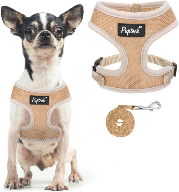 PUPTECK Soft Mesh Dog Harness Small Sized and Leash Set Pet Puppy Cat Comfort Padded Vest No Pull Harnesses, Beige, S28