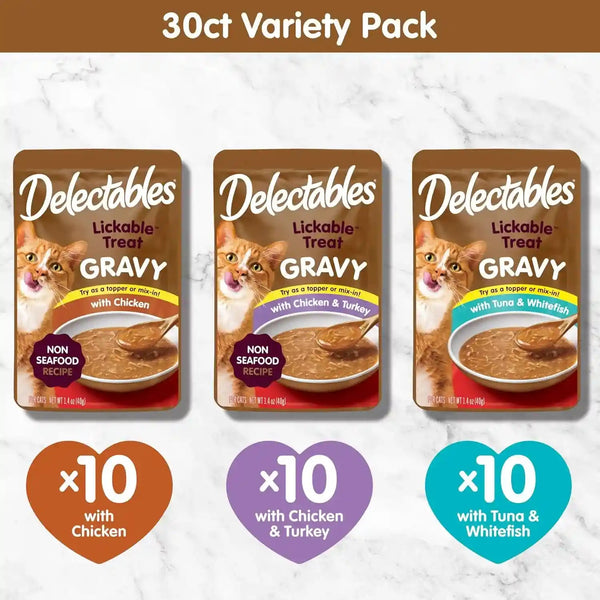 Delectables Lickable Treat Gravy Variety Wet Cat Treat & Food Topper, Food Topper, Hydrating, Grain-Free, No Fillers, No By-Products, No Added Preservatives, 1.4Oz Pouch, 30 Pack6