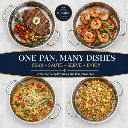 Titanium Hammered Pan, Upgrade Double Handle No Coating Non-Stick Titanium Cookware, Ultra-Durable, Scratch-Resistant, Even Heating Frying Pans, Compatible with All Cooktops,11.02In/Lid8