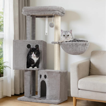 Small Cat Tree Tower for Indoor Cats, 40 in Medium Cat Bed Scratching Posts | Multi Level Compact Kitty Kitten Houses Climbing Trees Stands with 2 Condos Sisal Post Perch Platform Hammock Plush Toy Balls1