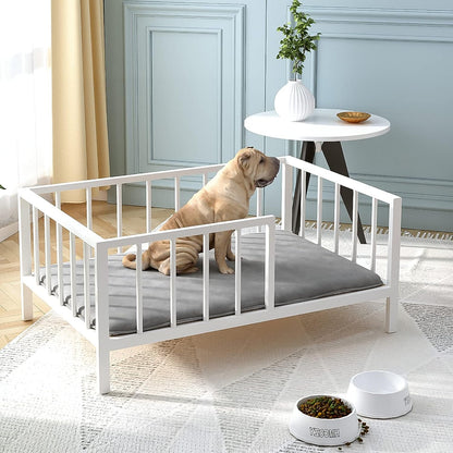 OSCHF Dog Bed with Rails - Elevated Pet Metal Bed Frame with Solid Wood Board and Washable Soft Mat for Medium Dog Indoor or Outdoor Use, 25.2" X 37.8", White1