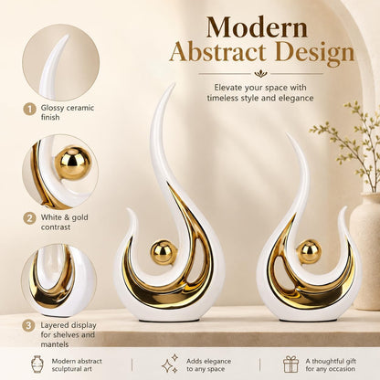 2Pcs White and Gold Modern Abstract Art Statue Table Decoration,Elegantes Ceramic Statue for Home Décor Accent,Mantel,Bookshelf,Centerpiece Table Decorations for Dining Room,Adornos Para Sala6