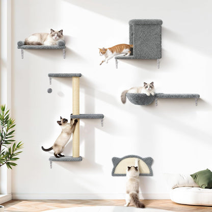 5-In-1 Cat Wall Shelves, Solid Wood Cat Wall Furniture Set for Indoor Cats | 44 Lb per Shelf, 72-Hour Load Tested, Pre-Drilled, Fits 16 In. Stud Drywall & Solid Walls, for Small to Medium Cats1