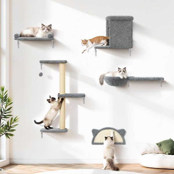 5-In-1 Cat Wall Shelves, Solid Wood Cat Wall Furniture Set for Indoor Cats | 44 Lb per Shelf, 72-Hour Load Tested, Pre-Drilled, Fits 16 In. Stud Drywall & Solid Walls, for Small to Medium Cats1