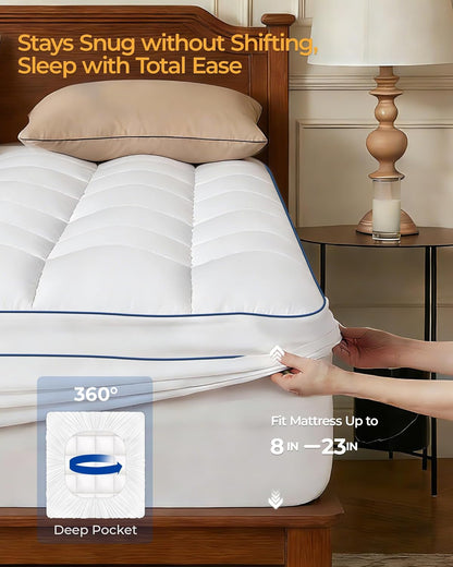 Full Mattress Topper, Thick Mattress Pad for Back Pain Relief, White | Overfilled Plush Pillow Top Design for Deep Sleep, Stretch 8–23'' Deep Pocket, Soft Breathable 3D+7D Snow down Fill8