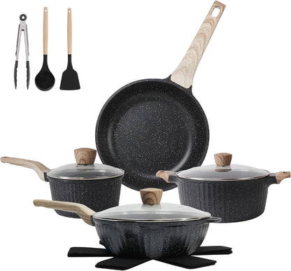 Pots and Pans Set Non Stick, 13Pcs Kitchen Cookware Sets, Granite Stone Induction Cookware Non Stick Cooking Set W/Frying Pans, Saucepans, Sauté Pan (PFOA Free), Black1